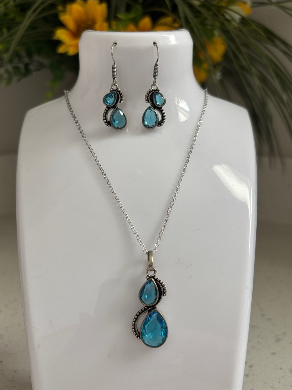 Sterling Silver Blue Topaz Teardrop Necklace & Earring Set